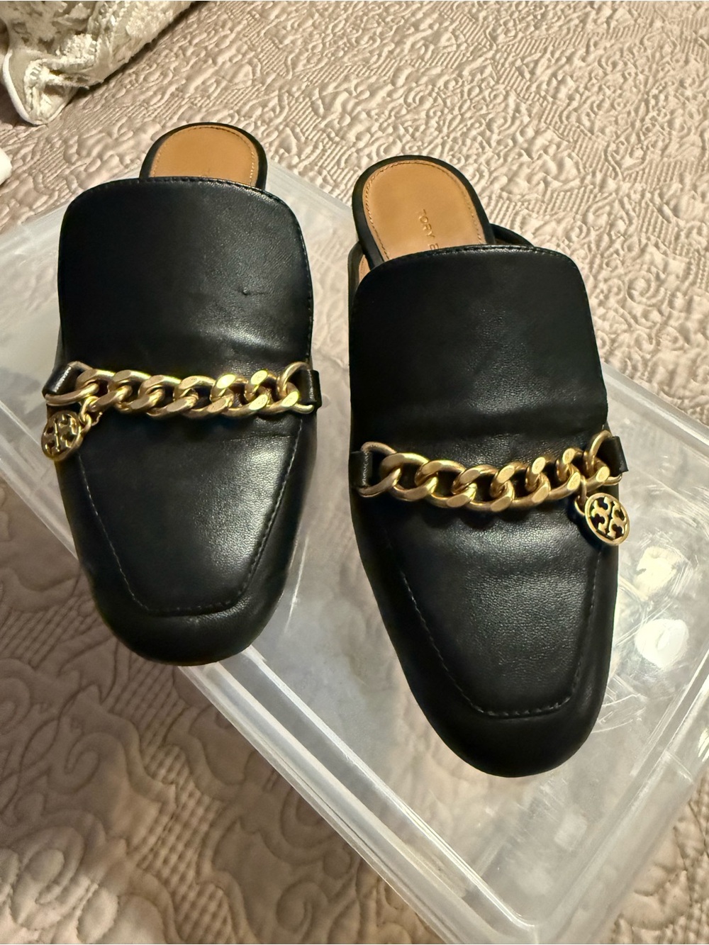 Tory Burch Black Leather Slip-On Mules with Gold Chain